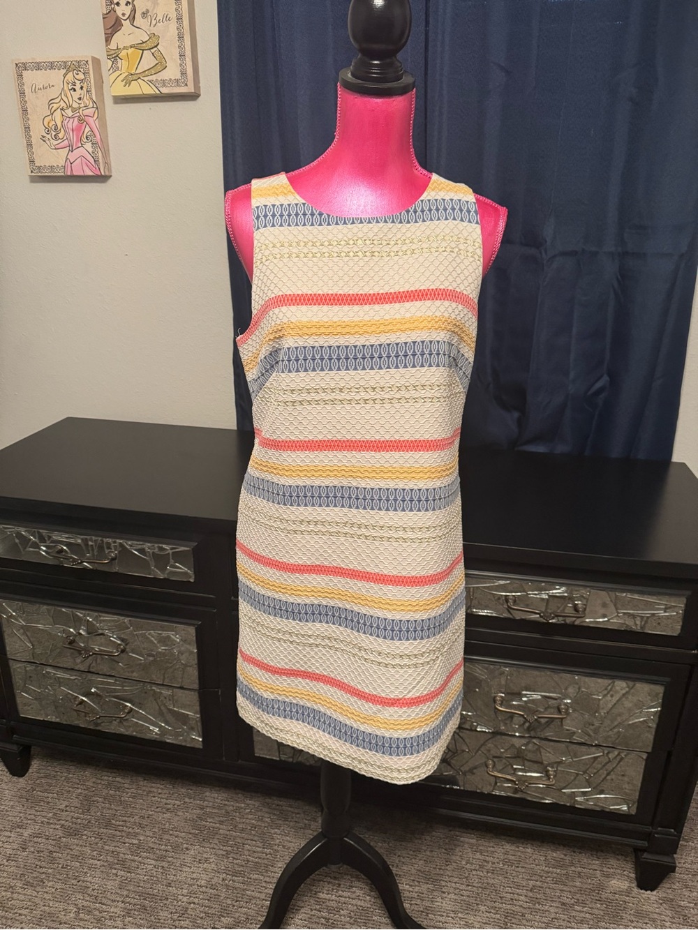 Vince Camuto Cream Knit Shift Dress with Coral, Blue & Yellow Stripes